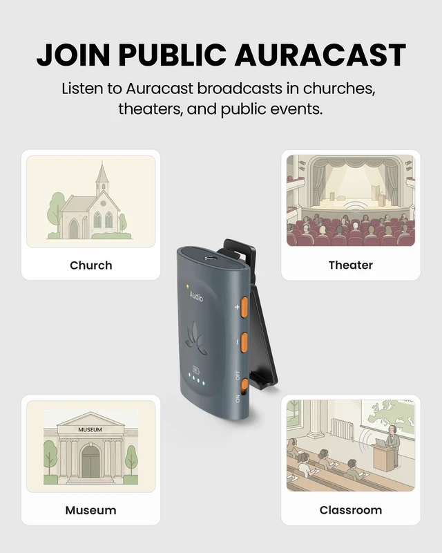 Alt view image 3 of 7 - AuraClip - Auracast Receiver with 3.5mm AUX Output Works with any Auracast Transmitter, Clip-On Design, Ideal for Public Venues