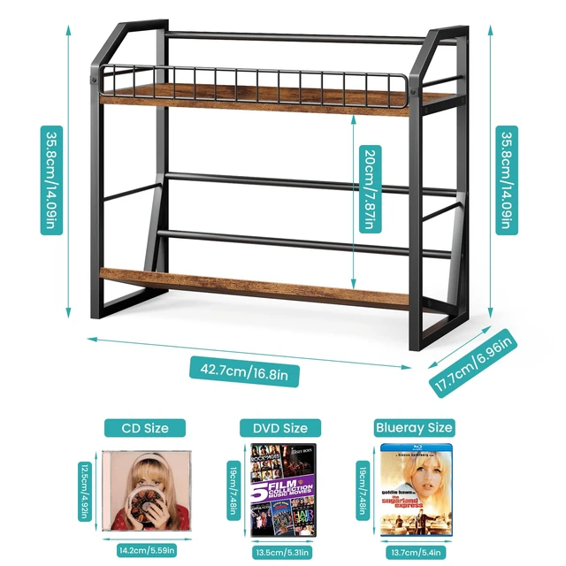Alt view image 6 of 7 - 2 Tier CD Holder, Wooden DVD Storage Rack, Tilting CD Tower CD Shelf for Display Holds Up to Standard 80 CDs or 56 DVDs, Desktop DVD Organizer Stand for Music Enthusiasts, Rustic Brown