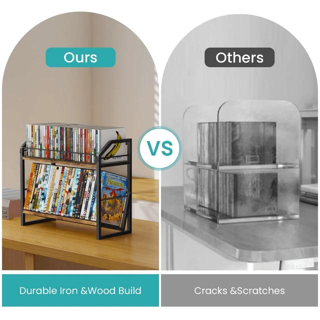 Alt view image 7 of 7 - 2 Tier CD Holder, Wooden DVD Storage Rack, Tilting CD Tower CD Shelf for Display Holds Up to Standard 80 CDs or 56 DVDs, Desktop DVD Organizer Stand for Music Enthusiasts, Rustic Brown