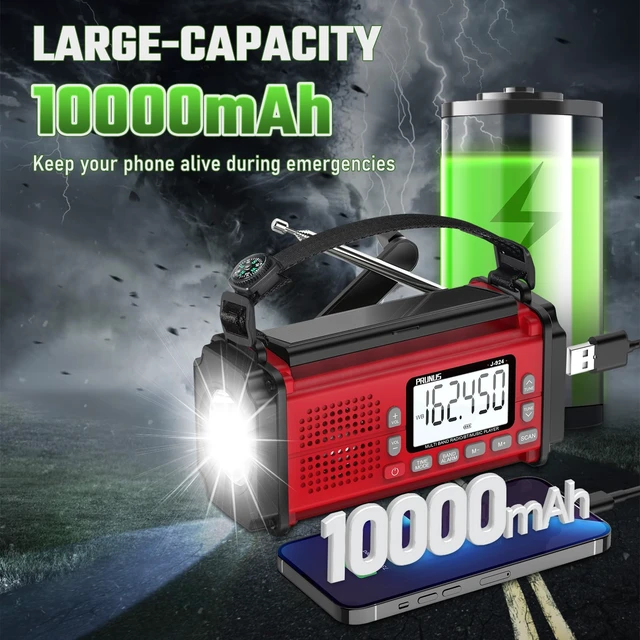 Alt view image 2 of 6 - J-924 10000mAh/37000mWh Hand Crank Emergency Radio NOAA AM FM SW AAA Battery/USB/Solar/Hand Crank Charging, Torch& Reading Light, SOS Alarm, Power Bank NOAA Weather Radio