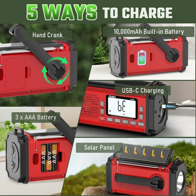 Alt view image 4 of 6 - J-924 10000mAh/37000mWh Hand Crank Emergency Radio NOAA AM FM SW AAA Battery/USB/Solar/Hand Crank Charging, Torch& Reading Light, SOS Alarm, Power Bank NOAA Weather Radio