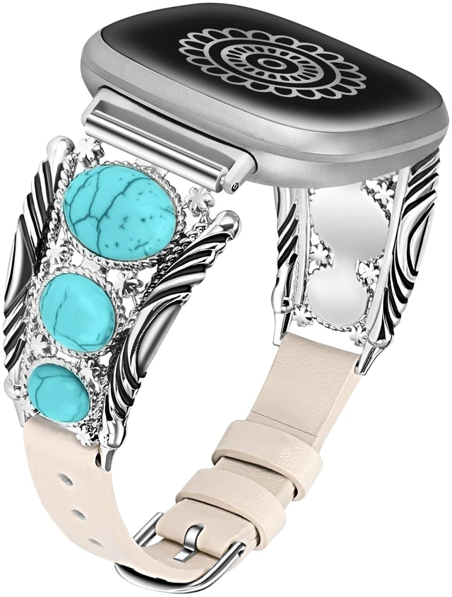 Main image of Leather Band Compatible with Fitbit Versa 4/Versa 3/Sense 2/Sense Band Women, Western Turquoise Boho Vintage Cowboy Retro Jewelry Adjustable Slim Replacement Wristband Strap for Versa 4/ Sense