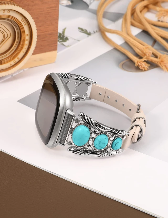 Alt view image 3 of 6 - Leather Band Compatible with Fitbit Versa 4/Versa 3/Sense 2/Sense Band Women, Western Turquoise Boho Vintage Cowboy Retro Jewelry Adjustable Slim Replacement Wristband Strap for Versa 4/ Sense