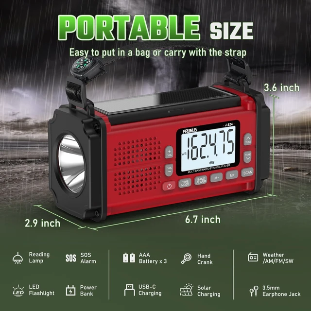 Alt view image 5 of 6 - J-924 10000mAh/37000mWh Hand Crank Emergency Radio NOAA AM FM SW AAA Battery/USB/Solar/Hand Crank Charging, Torch& Reading Light, SOS Alarm, Power Bank NOAA Weather Radio
