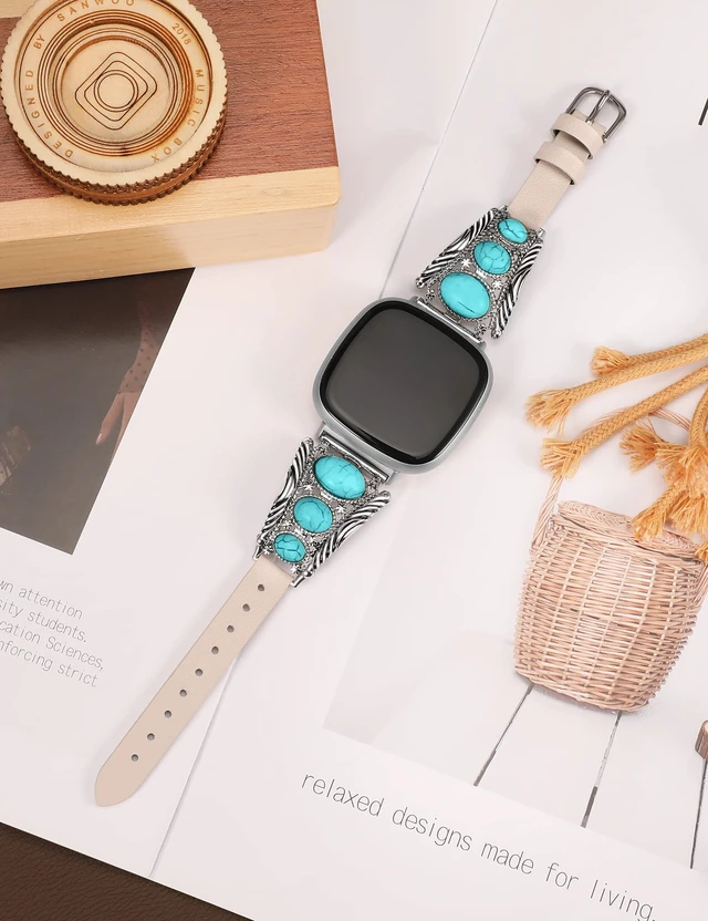 Alt view image 4 of 6 - Leather Band Compatible with Fitbit Versa 4/Versa 3/Sense 2/Sense Band Women, Western Turquoise Boho Vintage Cowboy Retro Jewelry Adjustable Slim Replacement Wristband Strap for Versa 4/ Sense