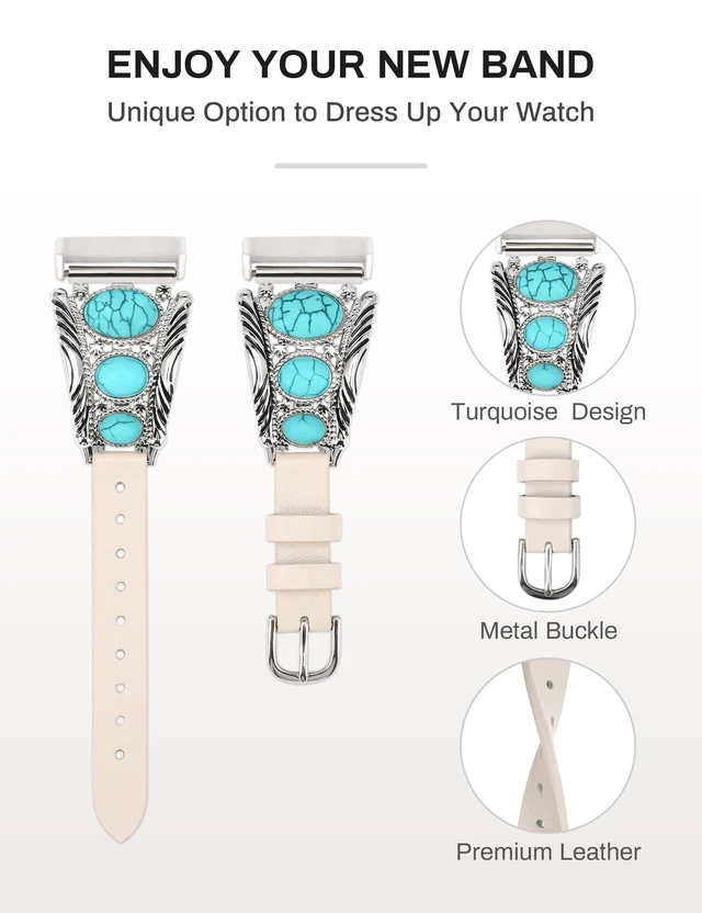 Alt view image 2 of 6 - Leather Band Compatible with Fitbit Versa 4/Versa 3/Sense 2/Sense Band Women, Western Turquoise Boho Vintage Cowboy Retro Jewelry Adjustable Slim Replacement Wristband Strap for Versa 4/ Sense