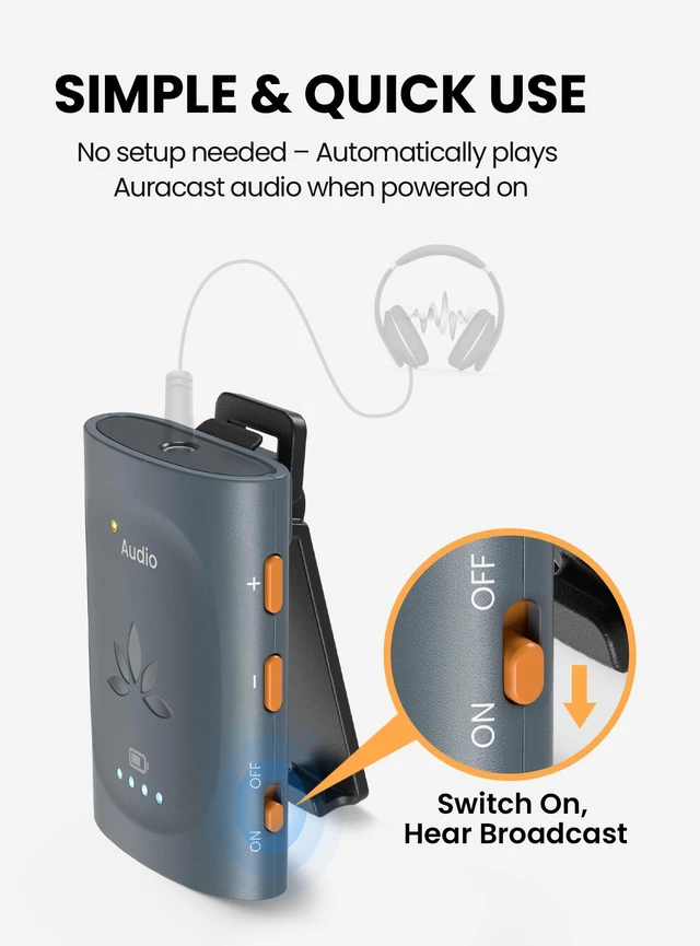 Alt view image 6 of 7 - AuraClip - Auracast Receiver with 3.5mm AUX Output Works with any Auracast Transmitter, Clip-On Design, Ideal for Public Venues