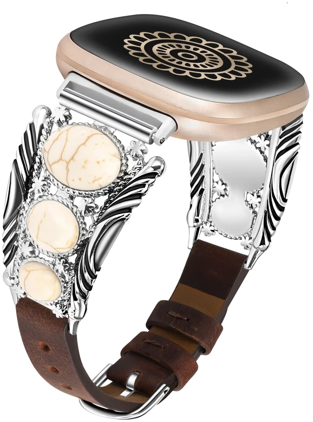 Main image of Leather Band Compatible with Fitbit Versa 4/Versa 3/Sense 2/Sense Band Women, Western Turquoise Boho Vintage Cowboy Retro Jewelry Adjustable Slim Replacement Wristband Strap for Versa 4/ Sense