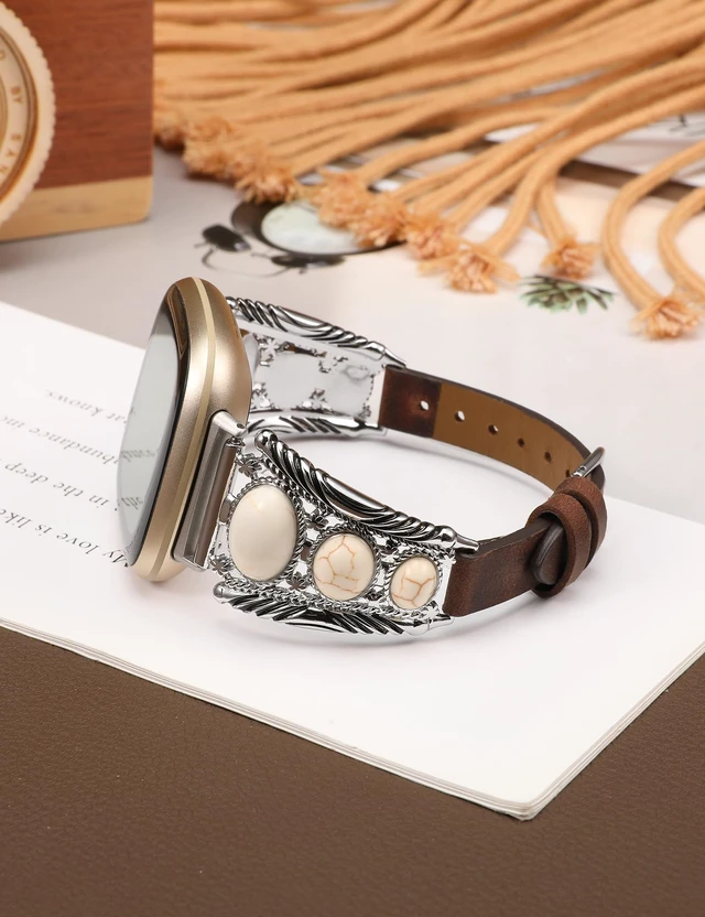 Alt view image 3 of 6 - Leather Band Compatible with Fitbit Versa 4/Versa 3/Sense 2/Sense Band Women, Western Turquoise Boho Vintage Cowboy Retro Jewelry Adjustable Slim Replacement Wristband Strap for Versa 4/ Sense