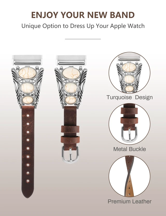 Alt view image 2 of 6 - Leather Band Compatible with Fitbit Versa 4/Versa 3/Sense 2/Sense Band Women, Western Turquoise Boho Vintage Cowboy Retro Jewelry Adjustable Slim Replacement Wristband Strap for Versa 4/ Sense