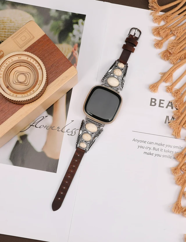 Alt view image 4 of 6 - Leather Band Compatible with Fitbit Versa 4/Versa 3/Sense 2/Sense Band Women, Western Turquoise Boho Vintage Cowboy Retro Jewelry Adjustable Slim Replacement Wristband Strap for Versa 4/ Sense