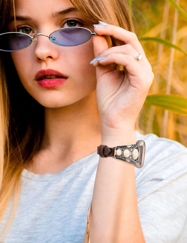 Alt view image 5 of 6 - Leather Band Compatible with Fitbit Versa 4/Versa 3/Sense 2/Sense Band Women, Western Turquoise Boho Vintage Cowboy Retro Jewelry Adjustable Slim Replacement Wristband Strap for Versa 4/ Sense