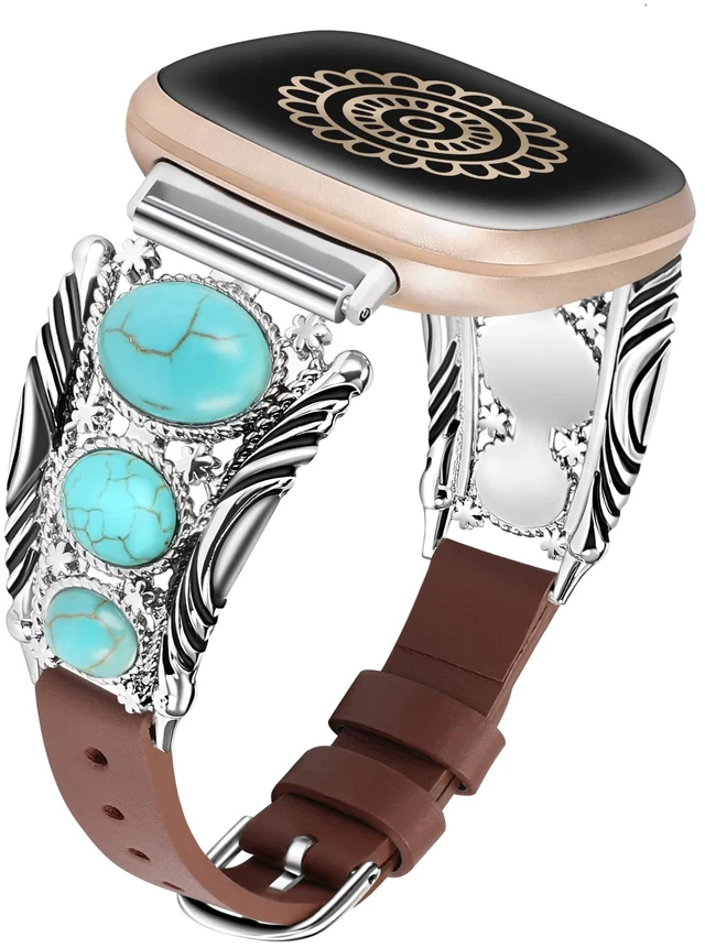 Main image of Leather Band Compatible with Fitbit Versa 4/Versa 3/Sense 2/Sense Band Women, Western Turquoise Boho Vintage Cowboy Retro Jewelry Adjustable Slim Replacement Wristband Strap for Versa 4/ Sense