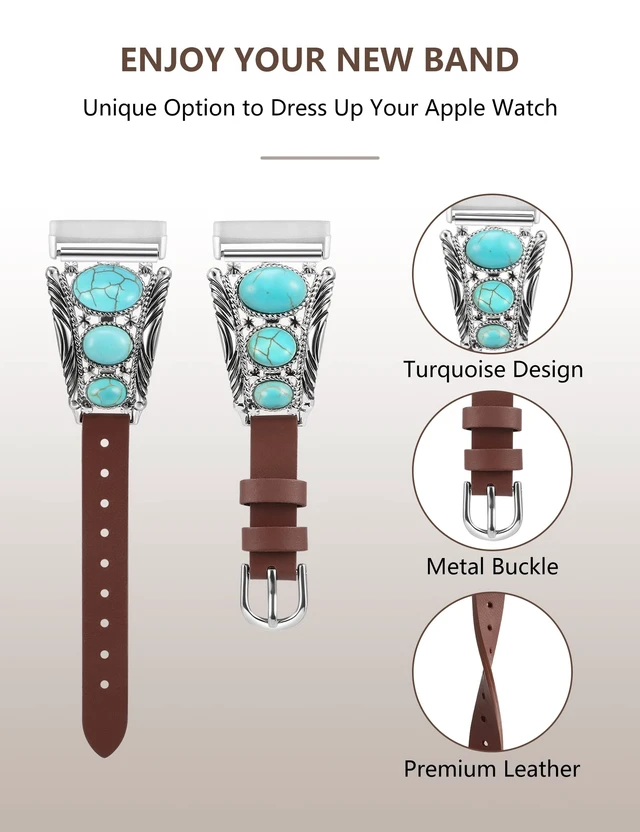 Alt view image 2 of 6 - Leather Band Compatible with Fitbit Versa 4/Versa 3/Sense 2/Sense Band Women, Western Turquoise Boho Vintage Cowboy Retro Jewelry Adjustable Slim Replacement Wristband Strap for Versa 4/ Sense