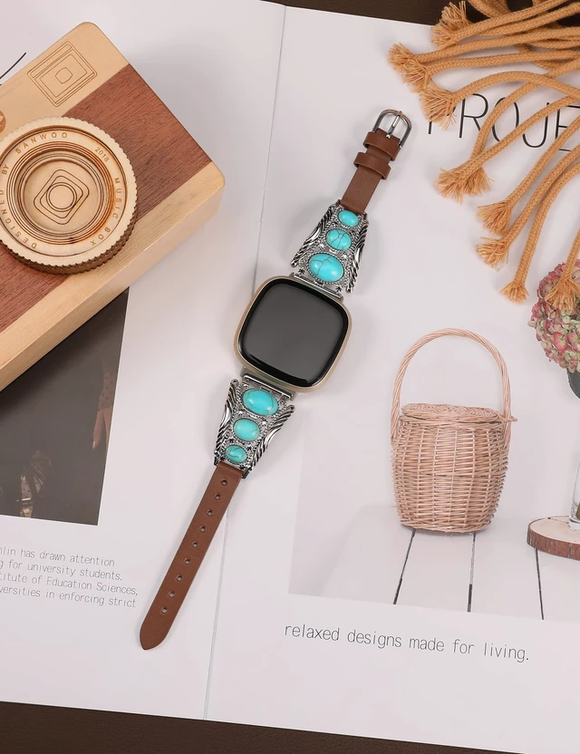 Alt view image 3 of 6 - Leather Band Compatible with Fitbit Versa 4/Versa 3/Sense 2/Sense Band Women, Western Turquoise Boho Vintage Cowboy Retro Jewelry Adjustable Slim Replacement Wristband Strap for Versa 4/ Sense