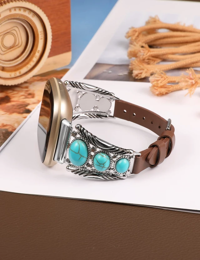 Alt view image 4 of 6 - Leather Band Compatible with Fitbit Versa 4/Versa 3/Sense 2/Sense Band Women, Western Turquoise Boho Vintage Cowboy Retro Jewelry Adjustable Slim Replacement Wristband Strap for Versa 4/ Sense