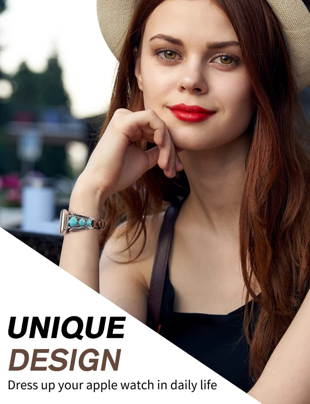 Alt view image 5 of 6 - Leather Band Compatible with Fitbit Versa 4/Versa 3/Sense 2/Sense Band Women, Western Turquoise Boho Vintage Cowboy Retro Jewelry Adjustable Slim Replacement Wristband Strap for Versa 4/ Sense