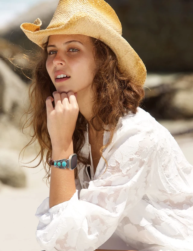Alt view image 6 of 6 - Leather Band Compatible with Fitbit Versa 4/Versa 3/Sense 2/Sense Band Women, Western Turquoise Boho Vintage Cowboy Retro Jewelry Adjustable Slim Replacement Wristband Strap for Versa 4/ Sense