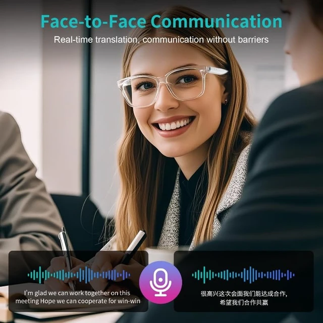 Alt view image 6 of 7 - AI Smart Glasses for Women Men, Real-time Translation 169 Languages Open-Ear Bluetooth Glasses with Clear Brown Frames Photochromic Lenses Build-in Mic & Speakers Touch Control Travel Business