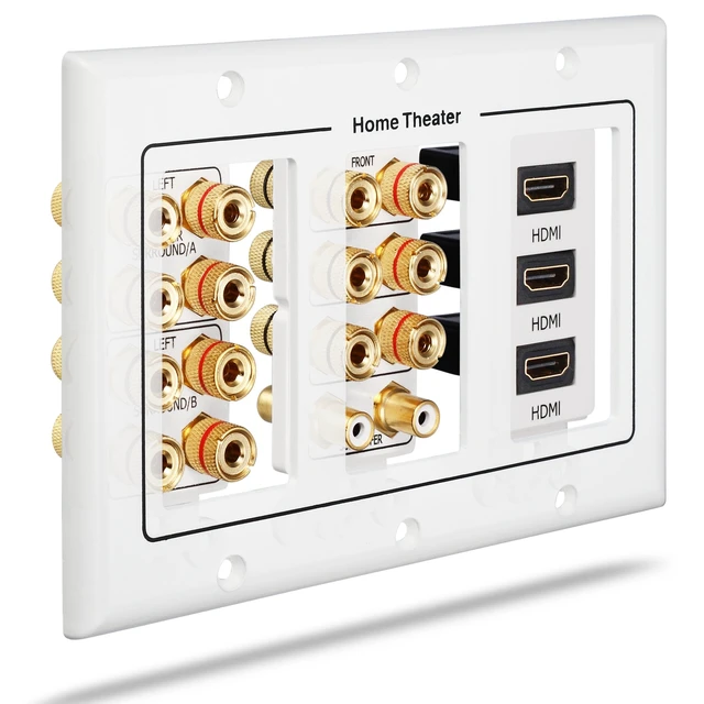 Alt view image 3 of 4 - 3-Gang 7.2 Surround Sound Distribution Home Theater Wall Plate Gold Plated Copper Banana Binding Post Coupler Outlet Faceplate for 7 Speakers, Two RCA Subwoofer Jacks, 3 HDMI Ports Wire