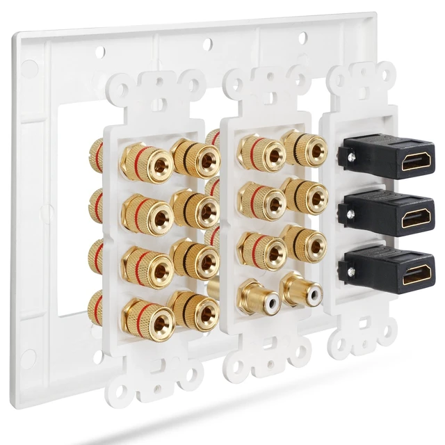 Alt view image 4 of 4 - 3-Gang 7.2 Surround Sound Distribution Home Theater Wall Plate Gold Plated Copper Banana Binding Post Coupler Outlet Faceplate for 7 Speakers, Two RCA Subwoofer Jacks, 3 HDMI Ports Wire