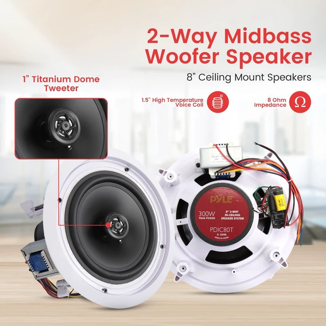 Alt view image 4 of 7 - 8 Ceiling Wall Mount Speakers - Pair of 2-Way Midbass Woofer Speaker 70v Transformer Directable 1 Titanium Dome Tweeter Design w/ 55Hz-22kHz Frequency Response & 300 Watts Peak - PDIC80T White