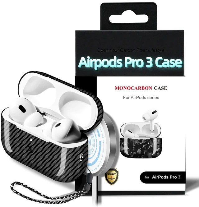 Main image of Real Carbon Fiber Case for AirPods Pro 3, Slim Protective Hard Cover with Lanyard, Compatible with MagSafe, Scratch-Resistant & Drop-Proof-Twill Glossy Black