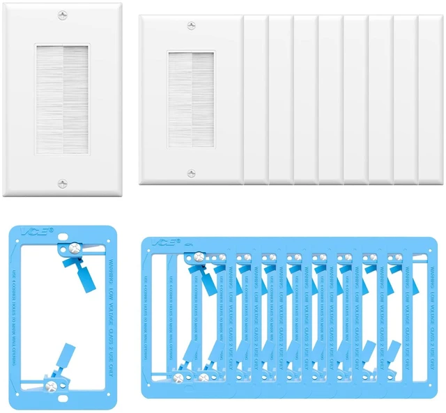 Main image of Brush Wall Plate with Low Voltage Mounting Bracket 10-Pack Cable Pass Through Wall Plate, Single Gang for Low Voltage Cables, Cord Hider for Wall Mount TV, Home Theater, White+Blue