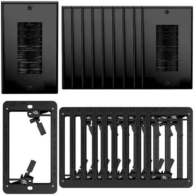 Main image of Brush Wall Plate with Low Voltage Mounting Bracket 10-Pack Cable Pass Through Wall Plate, Single Gang for Low Voltage Cables, Cord Hider for Wall Mount TV, Home Theater, Black+Black