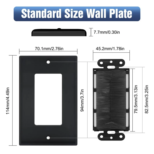 Alt view image 6 of 7 - Brush Wall Plate with Low Voltage Mounting Bracket 10-Pack Cable Pass Through Wall Plate, Single Gang for Low Voltage Cables, Cord Hider for Wall Mount TV, Home Theater, Black+Black