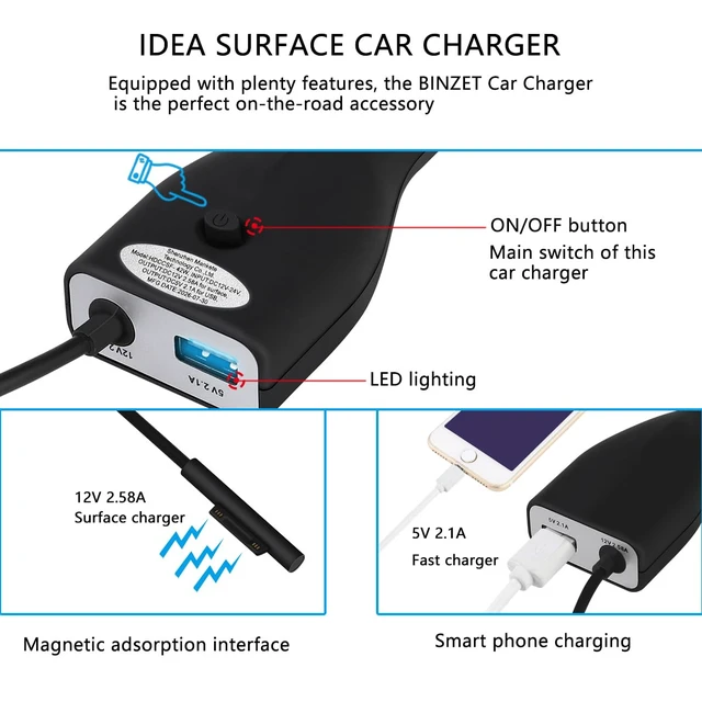Alt view image 2 of 7 - Surface Car Charger, 42W 12V 2.58A Power Supply for Microsoft Surface Pro 3/Pro 4/Pro 5/Pro 6, Surface Book, Surface Go, Surface Laptop with 5V 2.1A USB Charging Port
