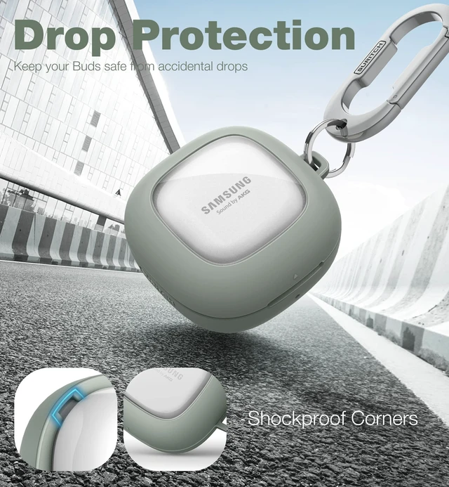 Alt view image 3 of 7 - Protective Case for Samsung Galaxy Buds FE(2023)/Buds 2 Pro(2022)/Buds 2(2021)/Buds Pro(2021)Buds Live(2020), Shockproof Sturdy Earbuds Cover for Charging Case with Heavy-Duty Carabiner, Green