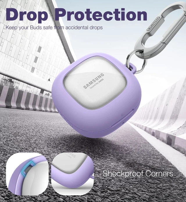 Alt view image 3 of 7 - for Samsung Galaxy Buds 2 Pro Case(2022)/Galaxy Buds 2 Case(2021)/Galaxy Buds Live Case(2020)/Galaxy Buds Pro Case(2021) Hard Clear PC Shockproof TPU Purple Cover with Silver Carabiner