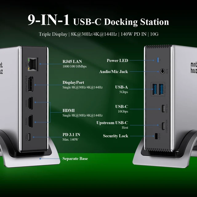 Alt view image 2 of 7 - Laptop Docking Station, 9in1 Dock with Detachable USBC Hub 3 Display USB C Dock 2 DP&HDMI,140W PD Charger,2*3.0 USB-A,10Gbps,Gigabit Ethernet,Audio/Mic for Dell/Lenovo/HP Home Office
