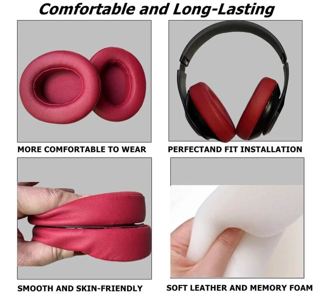 Alt view image 3 of 6 - Replacement Ear Pads for Beats Studio 2 & 3 Over-Ear Headphones, Wine Red Earpads Cushions 1 Pair Protein Leather, Memory Foam, Storage Bag, Spare Adhesive, Installation Booklet