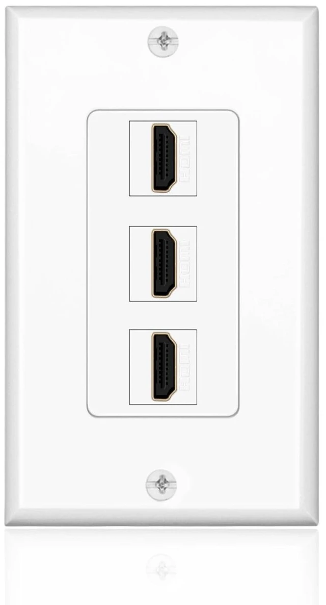 Main image of 4-Port HDMI Ethernet Coax and Phone Wall Plate, Cat6 RJ45, White Single-Gang Pass-Through Faceplate Uses Female Couplers for Simple Cable Connections and Measures 4.5 X 2.7 In