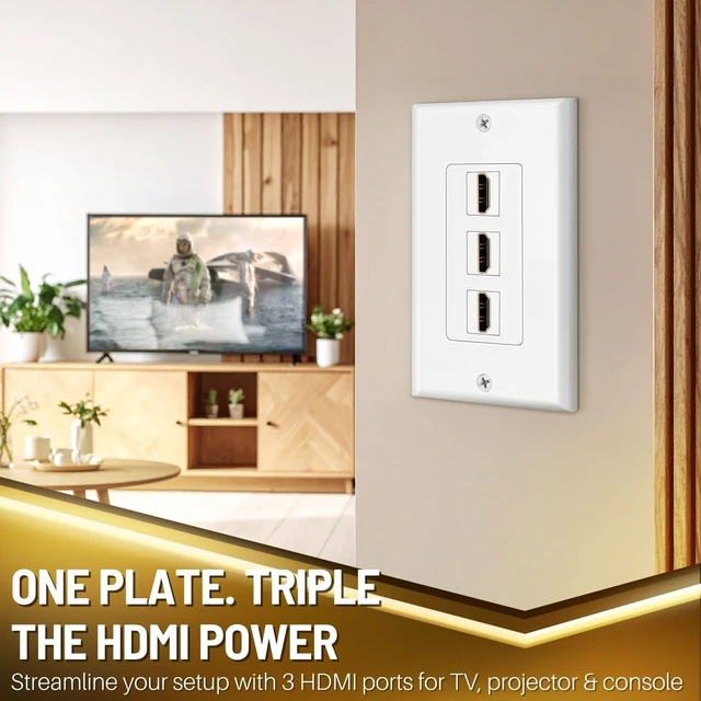 Alt view image 2 of 7 - 4-Port HDMI Ethernet Coax and Phone Wall Plate, Cat6 RJ45, White Single-Gang Pass-Through Faceplate Uses Female Couplers for Simple Cable Connections and Measures 4.5 X 2.7 In