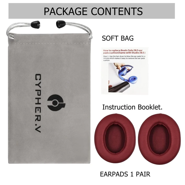 Alt view image 6 of 6 - Replacement Ear Pads for Beats Studio 2 & 3 Over-Ear Headphones, Wine Red Earpads Cushions 1 Pair Protein Leather, Memory Foam, Storage Bag, Spare Adhesive, Installation Booklet