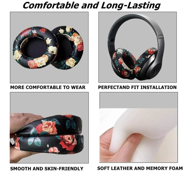 Alt view image 3 of 6 - Replacement Ear Cushion Pads Cover Compatible with Beats Studio 2.0 and Studio 3.0 Over Ear Headphones only by Dr.DRE-1 Pair(Floral Black)