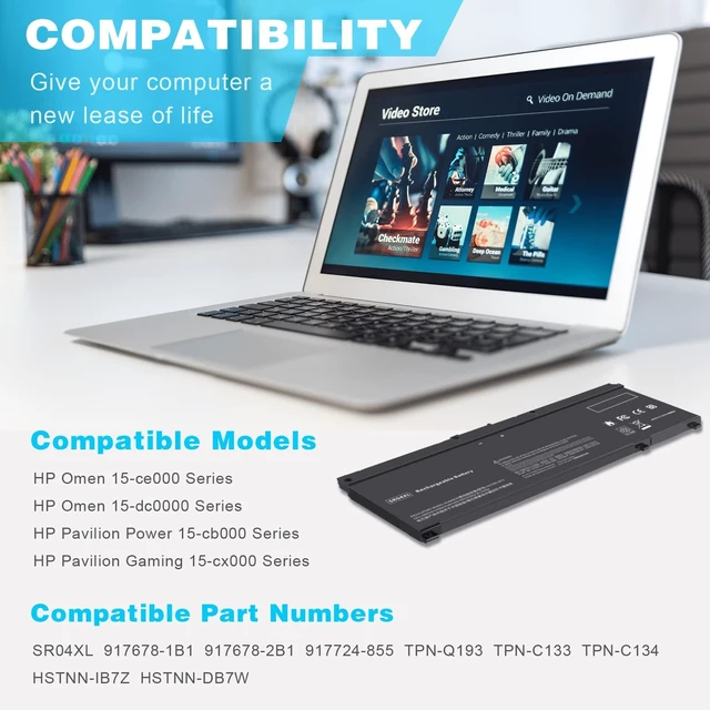 Alt view image 2 of 7 - SR04XL 917724-855 Replacement Laptop Battery for Hp Pavilion 15-CB000 Power 15-CB000 15-CE015DX 15-CE000 15-DC0000 Series 917678-1B1 917678-2B1 HSTNN-DB7W HSTNN-IB7Z