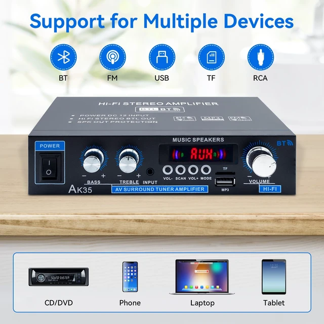 Alt view image 2 of 7 - AK35 Home Audio Amplifier Bluetooth 5.0 200W Stereo Receivers 2.0 Channel,Bass & Treble, Remote Control, USB/TF/MIC/AUX Input,Suitable for Home Theater Passive Speakers
