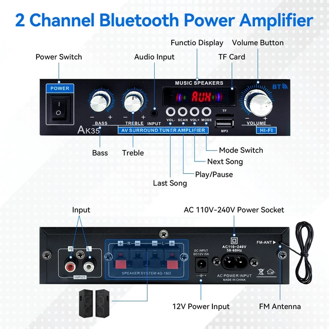 Alt view image 3 of 7 - AK35 Home Audio Amplifier Bluetooth 5.0 200W Stereo Receivers 2.0 Channel,Bass & Treble, Remote Control, USB/TF/MIC/AUX Input,Suitable for Home Theater Passive Speakers