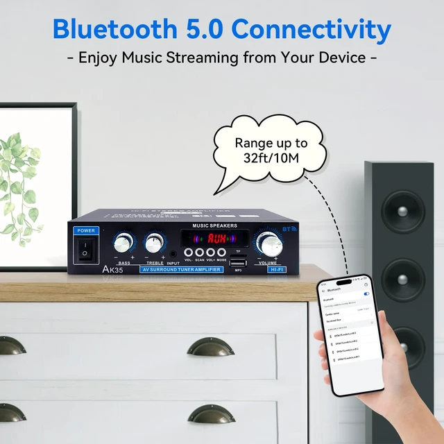 Alt view image 4 of 7 - AK35 Home Audio Amplifier Bluetooth 5.0 200W Stereo Receivers 2.0 Channel,Bass & Treble, Remote Control, USB/TF/MIC/AUX Input,Suitable for Home Theater Passive Speakers