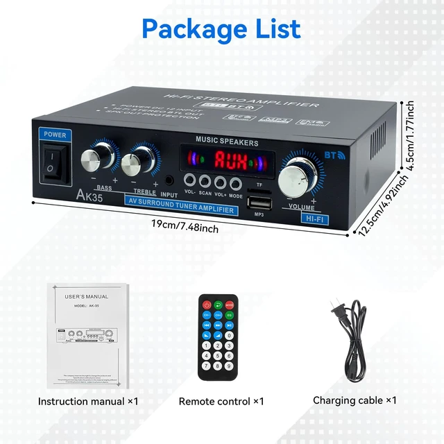 Alt view image 6 of 7 - AK35 Home Audio Amplifier Bluetooth 5.0 200W Stereo Receivers 2.0 Channel,Bass & Treble, Remote Control, USB/TF/MIC/AUX Input,Suitable for Home Theater Passive Speakers