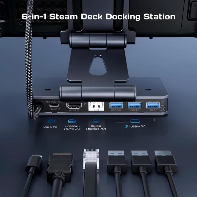 Alt view image 2 of 7 - 6-in-1 Gaming Docking Station for Steam Deck, Adjustable Stand with 4K@60Hz HDMI, Gigabit Ethernet, USB-A 3.0 Ports & PD Fast Charging, Portable Dock for ROG Ally, Legion Go, iPad and Phones