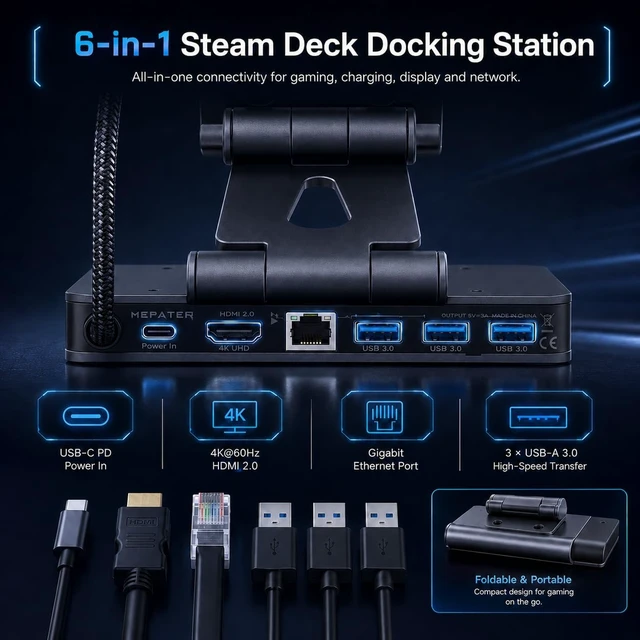 Alt view image 7 of 7 - 6-in-1 Gaming Docking Station for Steam Deck, Adjustable Stand with 4K@60Hz HDMI, Gigabit Ethernet, USB-A 3.0 Ports & PD Fast Charging, Portable Dock for ROG Ally, Legion Go, iPad and Phones