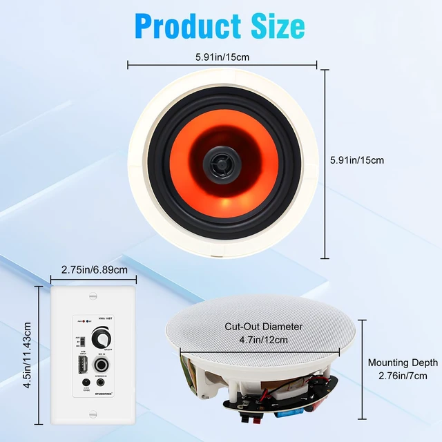 Alt view image 7 of 7 - 4-Inch Bluetooth Ceiling Speaker System with A 2-Channel Wall Amplifier,240W Max Power Output Pair - Perfect for Clear Sound in Living Room, Office, Kitchen, Basement & Covered Patio