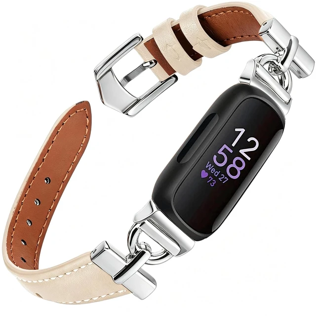 Main image of Leather Bands Compatible with Fitbit Inspire 3 Bands,Beige/Silver Replacement,D-Shaped,Watch,Straps,Soft,Wristband,for Fitbit Inspire 3 Fitness,Tracker,Women&Men