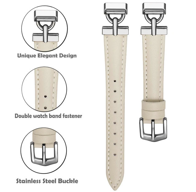 Alt view image 3 of 5 - Leather Bands Compatible with Fitbit Inspire 3 Bands,Beige/Silver Replacement,D-Shaped,Watch,Straps,Soft,Wristband,for Fitbit Inspire 3 Fitness,Tracker,Women&Men