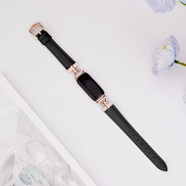 Alt view image 5 of 5 - Leather Bands Compatible with Fitbit Inspire 3 Bands,Black/Rose Gold Replacement,D-Shaped,Watch,Straps,Soft,Wristband,for Fitbit Inspire 3 Fitness,Tracker,Women&Men